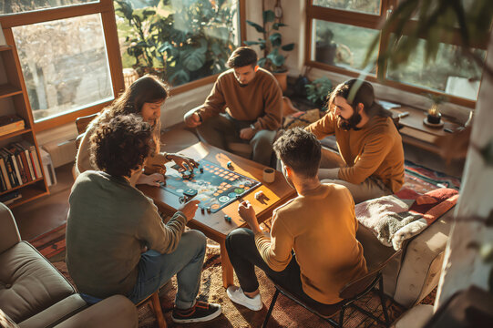 Group of young adults enjoying a strategy board game on a sunny afternoon, gathered around a table in a modern living room
