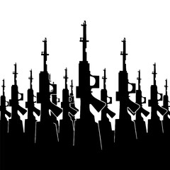 Obraz premium The silhouettes of several rows of machine guns raised up. Vector monochrome image about war and armament of the army