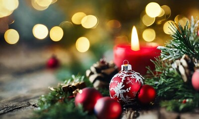 Obraz premium Christmas card with fir branch and decorations with copy space