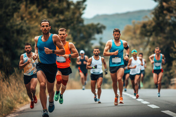 Group of male athletes wearing sportswear are running a marathon on a country asphalt road