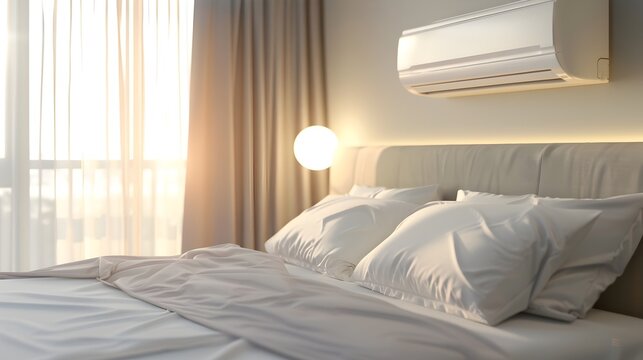 Sleek Mini Split Heat Pump Unit Installed Above Bed Headboard in Bright,Modern Bedroom