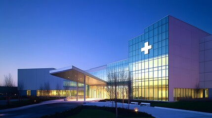 Modern hospital building, glass facade, geometric architecture, tiered structure, illuminated interior, blue sky, dusk lighting, medical cross symbol, reflective surfaces.