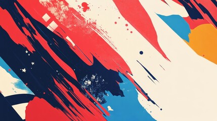 An abstract background with overlapping brushstrokes in red, blue, black, and white, symbolizing creativity, energy, diversity, and movement.