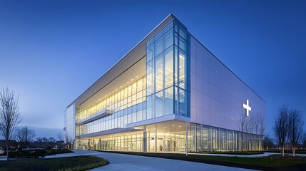 Modern hospital building, glass facade, geometric architecture, tiered structure, illuminated interior, blue sky, dusk lighting, medical cross symbol, reflective surfaces.