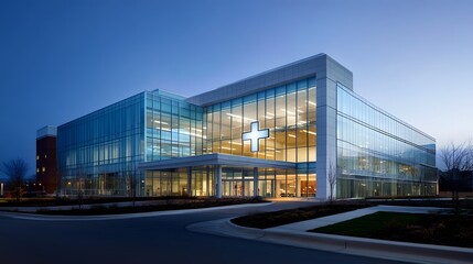 Obraz premium Modern hospital building, glass facade, geometric architecture, tiered structure, illuminated interior, blue sky, dusk lighting, medical cross symbol, reflective surfaces.