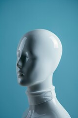 Photo a faceless white mannequin head against a blue background, with ample copy space