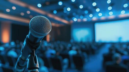 Close-up of a microphone in focus with a blurred audience and blue-lit stage background. Concepts of public speaking, conferences, and live events.