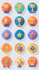 A colorful array of achievement badges and trophies showcased in a grid, representing success and milestones