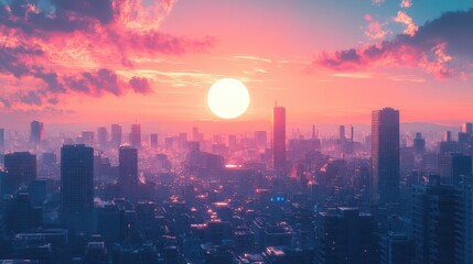 Fototapeta premium A city skyline with a large sun in the sky