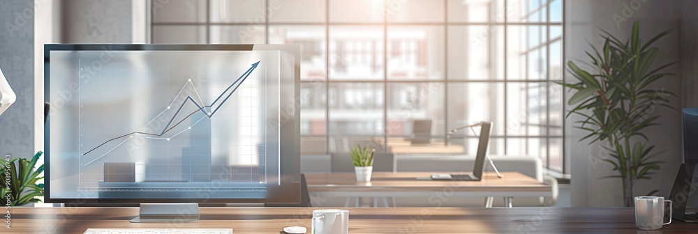 Fototapete A sleek office features large windows allowing sunlight, highlighting a computer display with a rising chart indicating business progress. Generative AI