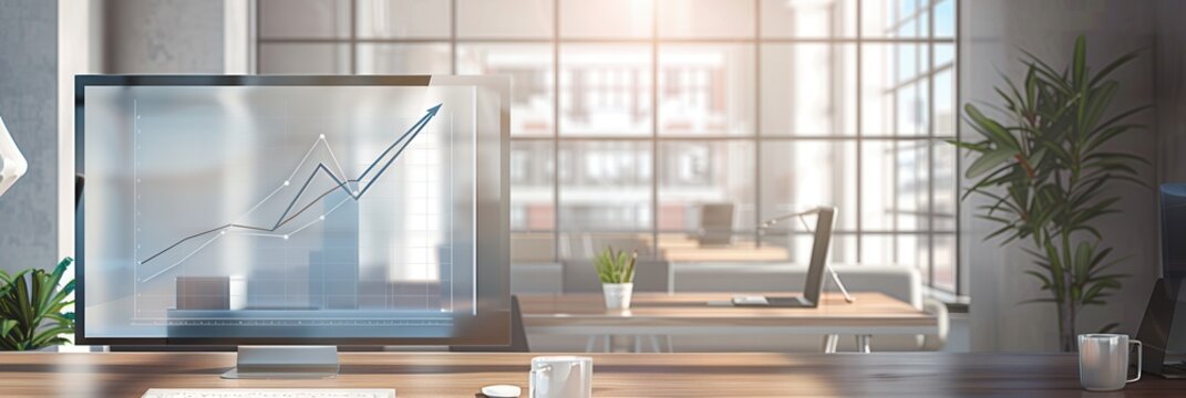 A sleek office features large windows allowing sunlight, highlighting a computer display with a rising chart indicating business progress. Generative AI