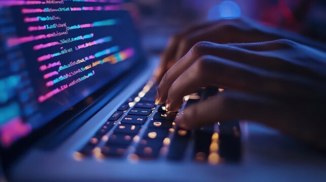 A person is typing on a laptop keyboard with colorful code on the screen