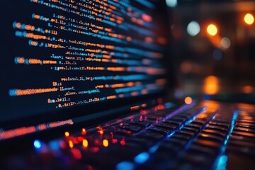 A computer screen with a keyboard and a blue and orange line of code