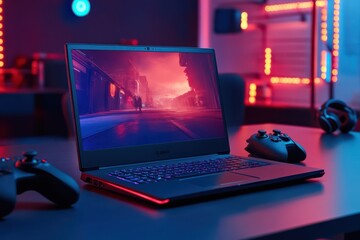 A laptop is on a table with a pair of controllers next to it