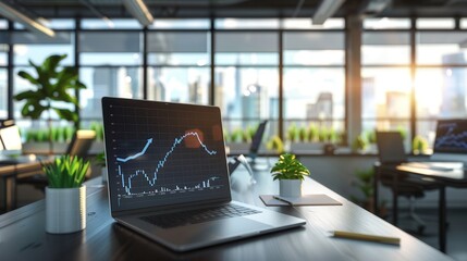 A sleek office features a laptop displaying graphs beside small plants, with large windows providing abundant natural light and a view of the city. Generative AI