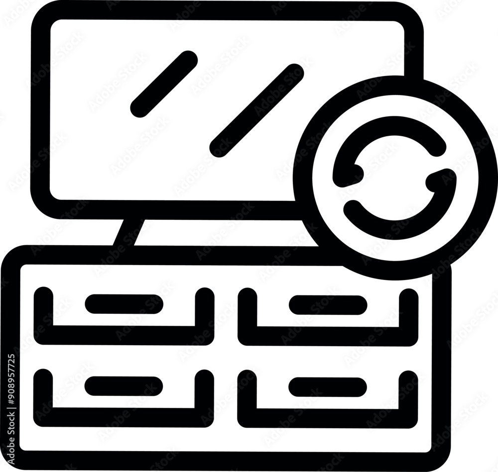 Poster line art style icon of a desktop computer network updating with circular arrows