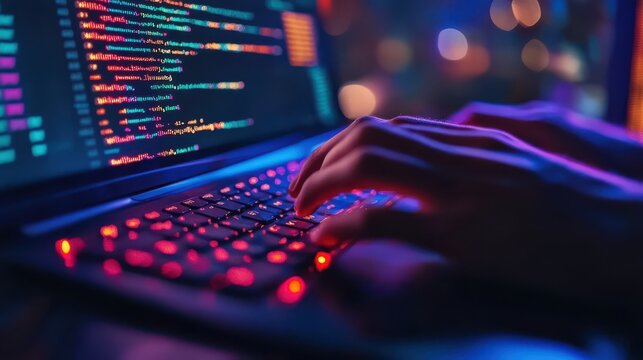 A person is typing on a computer keyboard with a colorful background