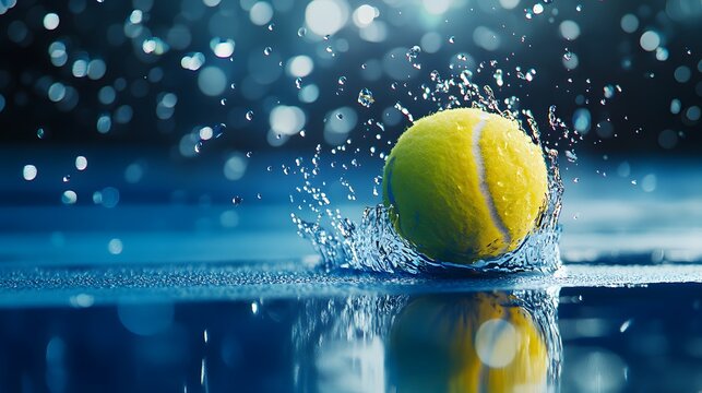 Tennis ball bouncing on blue court, dynamic action shot, water droplets splashing, dramatic lighting, lens flare, motion blur background, vibrant yellow against blue, sports photography. - Powered by Adobe
