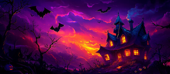 Halloween night with a spooky house and bats, halloween background 
