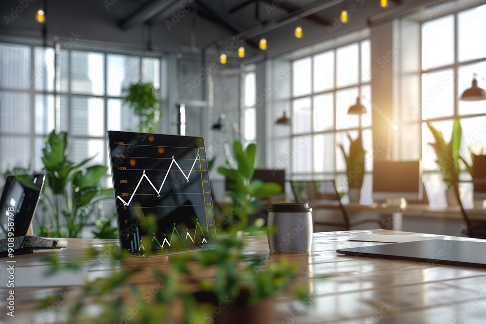 Poster A modern office features a digital growth chart, large windows allowing sunlight, and green plants creating a vibrant and productive workspace. Generative AI
