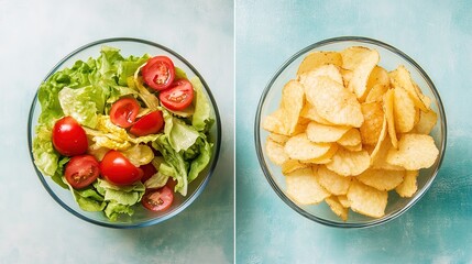 Split-Image Comparison: Fresh Salad with Tomatoes vs. Crispy Potato Chips