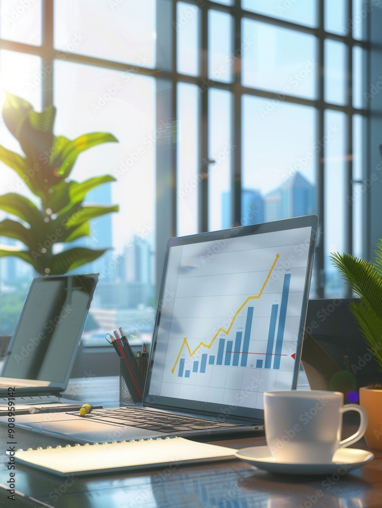 Poster bright sunlight streams through large windows in a sleek office, highlighting a laptop displaying an