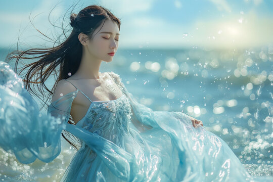Asian woman with closed eyes, naiad with water dress, undine in the middle on the ocean, wind and waves