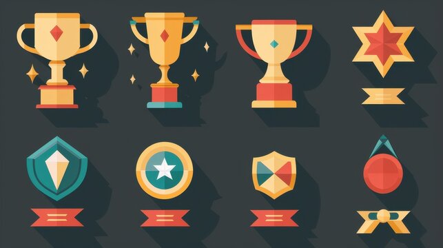 A collection of vibrant trophies and badges designed for recognizing accomplishments and success in competitions
