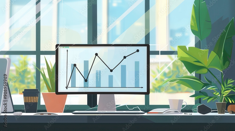Leinwandbilder a sleek workspace features a computer displaying business analytics, surrounded by plants and natura