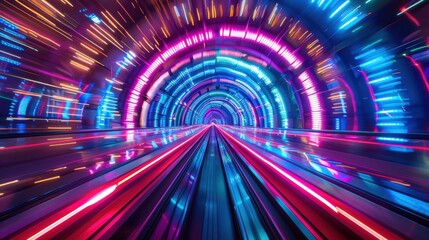 Neon Lights Blur: High-Speed Roller Coaster with Glossy Tracks in Long Exposure Shot