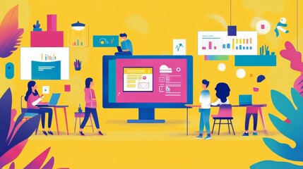 A group of diverse individuals work together to build a website.  They are using technology, communication, and creativity to achieve their goal.  This symbolizes collaboration, innovation