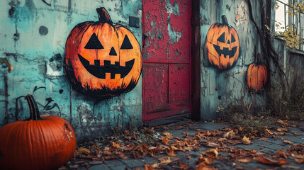 A spooky jack-o-lantern with carved pumpkins on a wall, featuring a Halloween-themed design in autumn colors