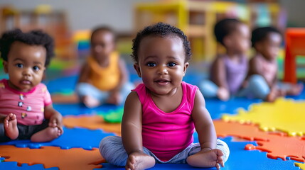 Obraz premium Happy Babies Playing Colorful Mats Smiling Together Learning Exploration Joyful Playtime