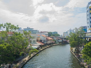 Obraz premium Aerial drone view of historical Malacca City with a river at Melaka, Malaysia.