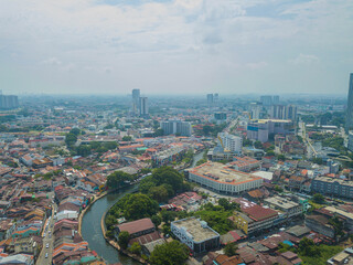 Obraz premium Aerial drone view of historical Malacca City with many buildings at Melaka, Malaysia.