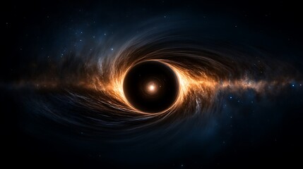 A dramatic image of a black hole silhouetted against a backdrop of stars