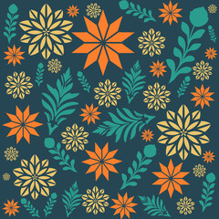 Floral Pattern, Background Pattern Navy blue, Flower shape, dark green, light yellow, orange Seamless.