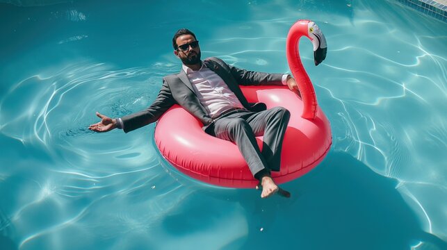 Man in a suit floating on an inflatable flamingo in a swimming pool, contrasting professionalism with relaxation