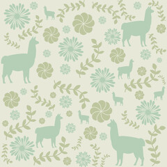 Floral Pattern, Background Pattern brown pastel , Alpaca, flowers, leaves, green pastel Seamless.