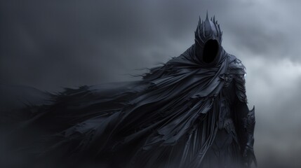 A shadowy figure clad in a tattered cloak looms in a stormy environment, creating an eerie atmosphere filled with suspense and intrigue at dusk