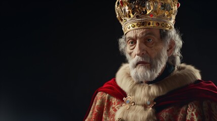 Obraz premium An elderly man dressed in majestic robes and a golden crown displays a stern expression, embodying the essence of a monarch in a muted, dramatic environment