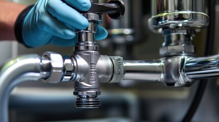 A technician wearing gloves adjusts a chrome valve connected to an industrial plumbing system, ensuring proper function during routine maintenance