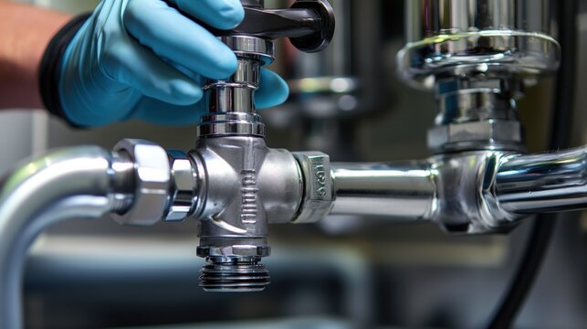 A technician wearing gloves adjusts a chrome valve connected to an industrial plumbing system, ensuring proper function during routine maintenance
