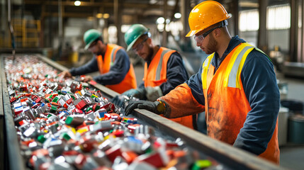 Workers handling battery waste in a safe environment.