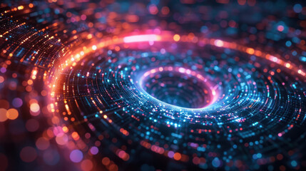 Technology background,  Set against a dark void, a luminous translucent iridescent form spirals elegantly. Holographic interfaces spin around it, displaying vibrant navigational