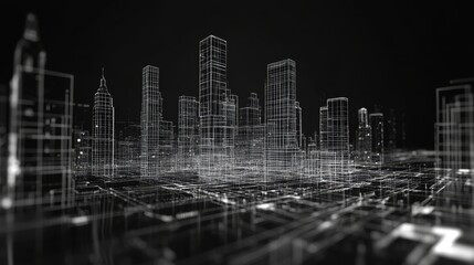 The image depicts a futuristic cityscape,  as a wireframe, symbolizing technological advancement, urban planning, connectivity, progress, and innovation.