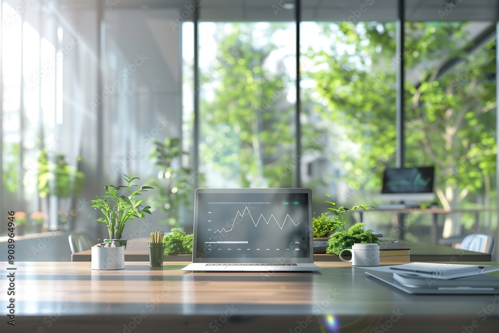 Leinwandbilder A spacious office features large windows, allowing natural light to illuminate a desk adorned with plants and a laptop displaying analytics. Generative AI
