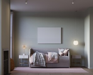 poster mockup in kids bedroom interior background. modern classic style. 3d Rendering