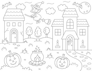 halloween coloring page. houses, pumpkins, a witch, drawing for kids. print on standard 8.5 x 11 inch paper at 300 dpi, pixels per inch for high quality printing.