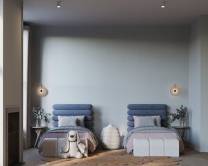 blank wall in kids bedroom interior background. modern classic style. 3d Rendering